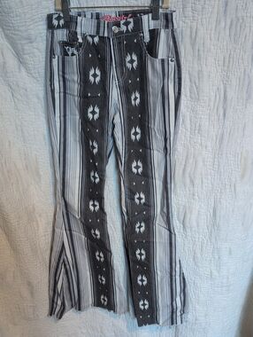 Cowgirl Hardware Striped Aztec Panel Flared Pants - Black & White